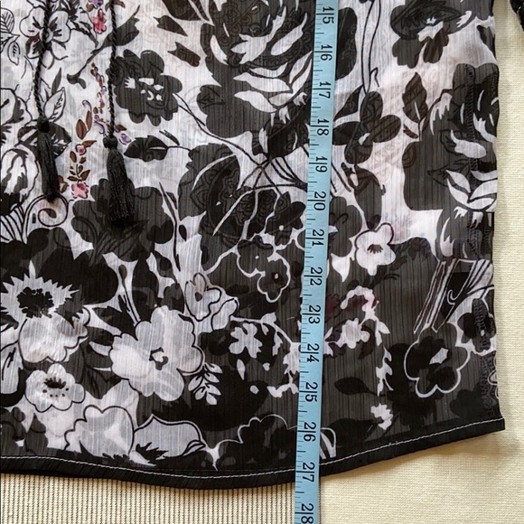 ONE WORLD Boho Peasant Semi Sheer Top Blouse MEDIUM Black White Pink Floral - Picture 8 of 13
